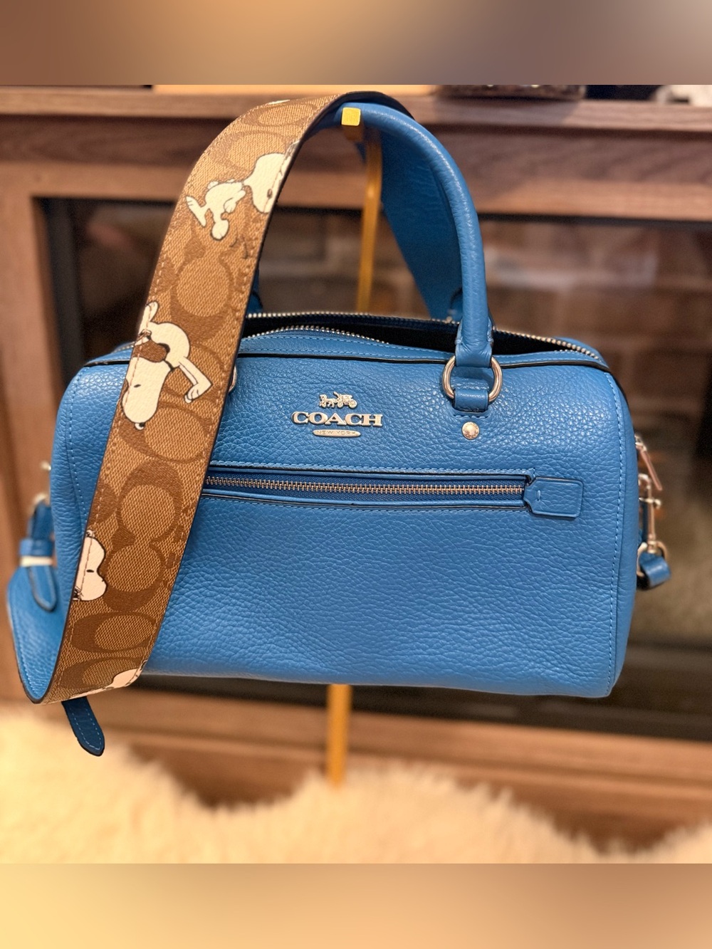 Coach x Peanuts Rowan Blue Leather Satchel with Signature Brown Snoopy Strap